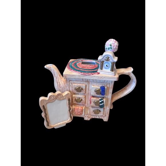 Seymour Mann Teapot Dresser w/Mirror Clock Flowers Socks Tan Brown Blue Vtg EUC - Picture 2 of 8
